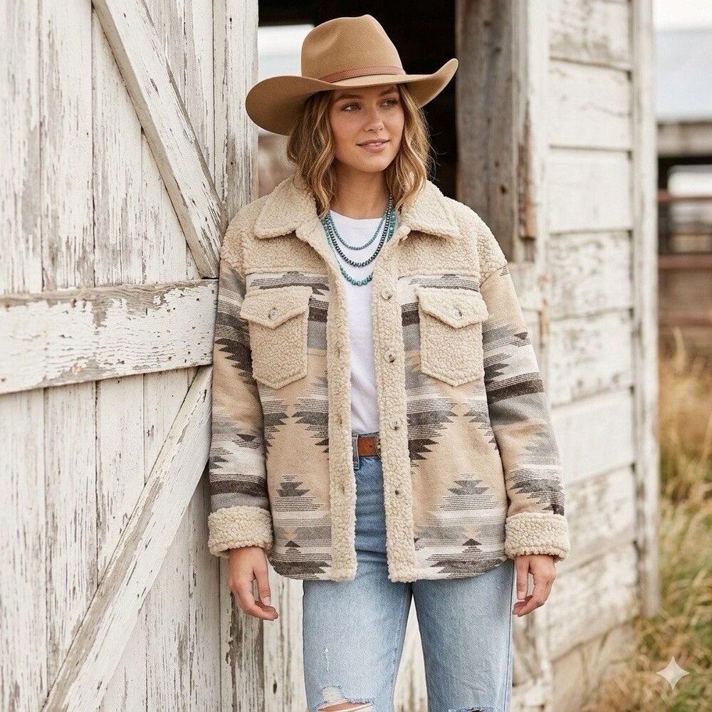 New in Aztec Sherpa Shacket Women's [L] Southwestern Western Unisex Fit Shacket